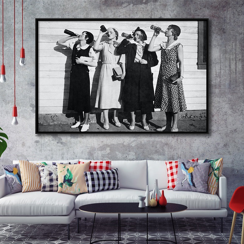 Vintage Flapper Girls Drinking Black And White Print, Roaring Twenties Vintage Style Framed Canvas Prints Wall Art Home Decor