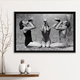 Vintage Girls Drinking Wine At The Beach Black And White Print, Framed Canvas Prints Wall Art Home Decor,Floating Frame