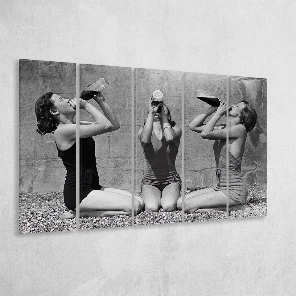 Vintage Girls Drinking Wine At The Beach Black And White Print, Larger Canvas Art, 5 Piece Canvas Prints Wall Art Decor