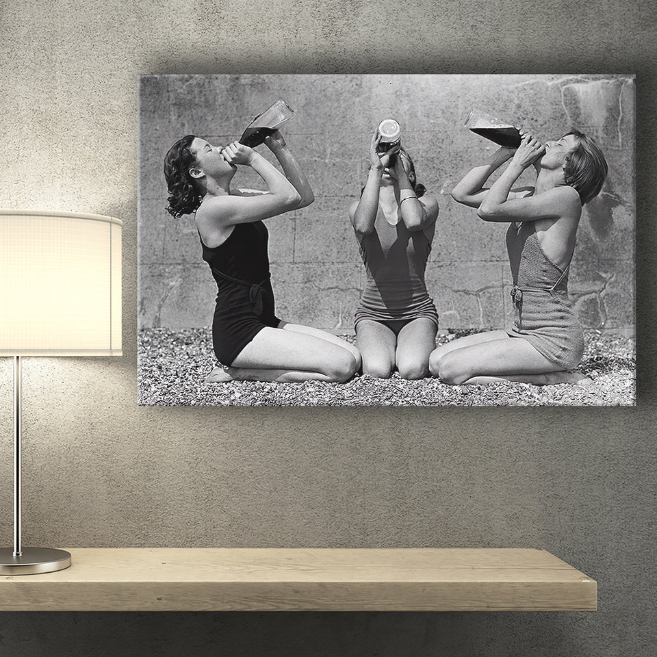 Vintage Girls Drinking Wine At The Beach Black And White Print, Canvas Prints Wall Art Home Decor