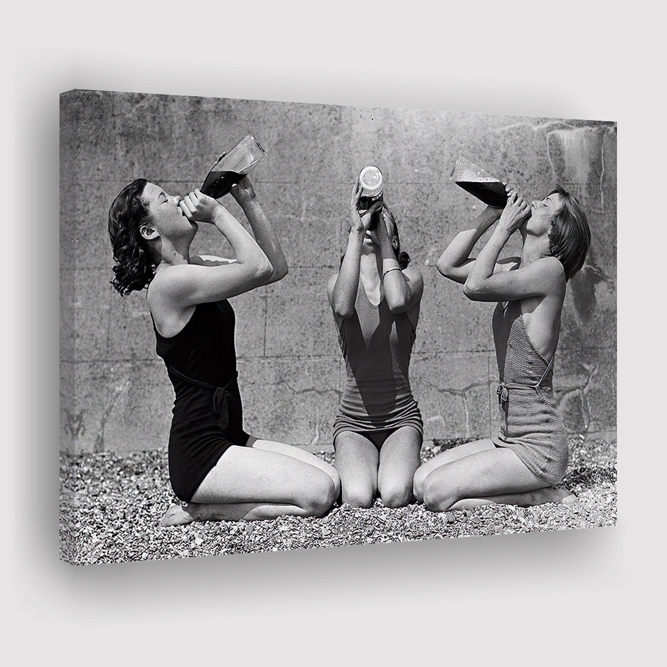Vintage Girls Drinking Wine At The Beach Black And White Print, Canvas Prints Wall Art Home Decor