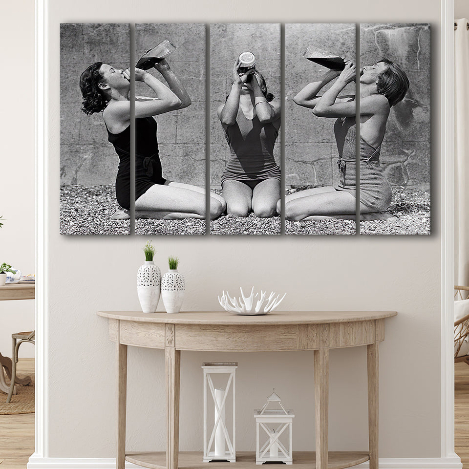 Vintage Girls Drinking Wine At The Beach Black And White Print, Larger Canvas Art, 5 Piece Canvas Prints Wall Art Decor