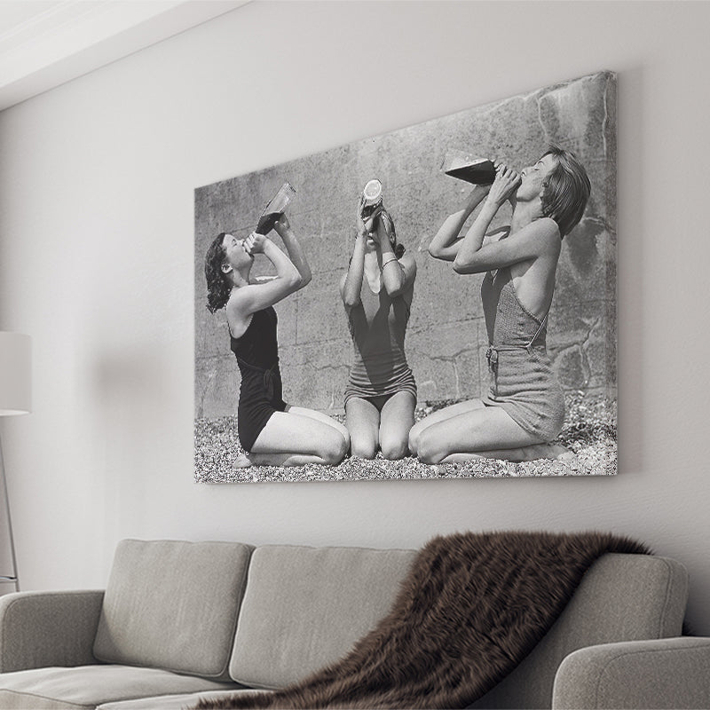 Vintage Girls Drinking Wine At The Beach Black And White Print, Canvas Prints Wall Art Home Decor