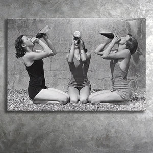 Vintage Girls Drinking Wine At The Beach Black And White Print, Canvas Prints Wall Art Home Decor