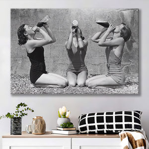 Vintage Girls Drinking Wine At The Beach Black And White Print, Canvas Prints Wall Art Home Decor