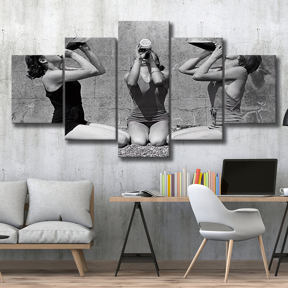 Vintage Girls Drinking Wine At The Beach Black And White Print, 5 Panels, Canvas Prints Wall Art Decor, Large Canvas Art