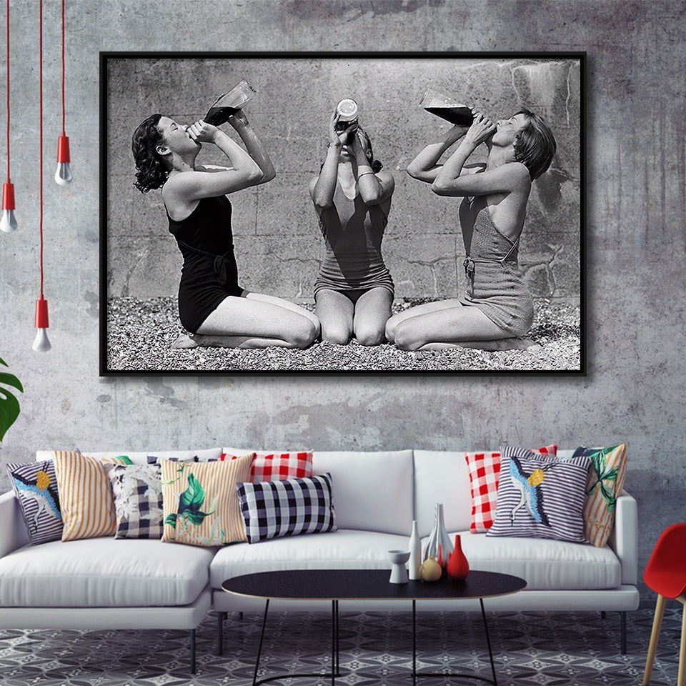 Vintage Girls Drinking Wine At The Beach Black And White Print, Framed Canvas Prints Wall Art Home Decor,Floating Frame