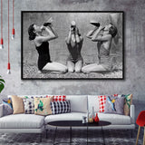 Vintage Girls Drinking Wine At The Beach Black And White Print, Framed Canvas Prints Wall Art Home Decor,Floating Frame