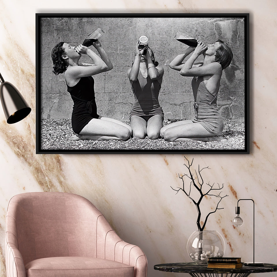 Vintage Girls Drinking Wine At The Beach Black And White Print, Framed Canvas Prints Wall Art Home Decor,Floating Frame