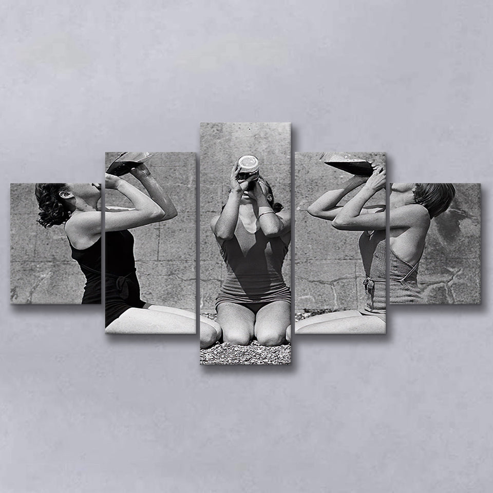 Vintage Girls Drinking Wine At The Beach Black And White Print, 5 Panels, Canvas Prints Wall Art Decor, Large Canvas Art