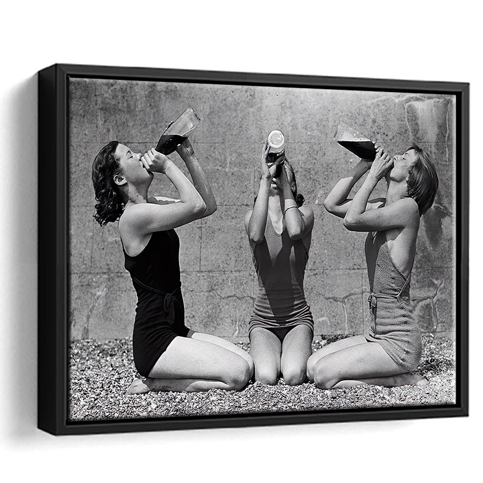 Vintage Girls Drinking Wine At The Beach Black And White Print, Framed Canvas Prints Wall Art Home Decor,Floating Frame