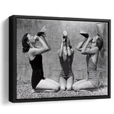 Vintage Girls Drinking Wine At The Beach Black And White Print, Framed Canvas Prints Wall Art Home Decor,Floating Frame