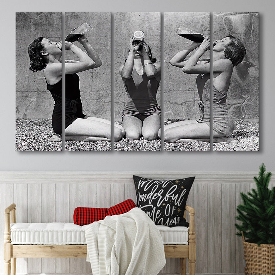 Vintage Girls Drinking Wine At The Beach Black And White Print, Larger Canvas Art, 5 Piece Canvas Prints Wall Art Decor