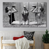 Vintage Girls Drinking Wine At The Beach Black And White Print, Larger Canvas Art, 5 Piece Canvas Prints Wall Art Decor