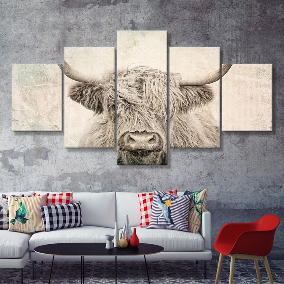 Vintage Highland Cow 5 Piece Multi Panels Canvas Prints Wall Art - Painting Canvas,Wall Decor