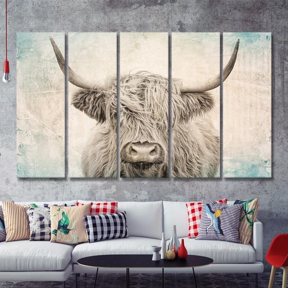 Vintage Highland Cow 5 Piece B Multi Panels Canvas Prints Wall Art - Painting Canvas,Wall Decor