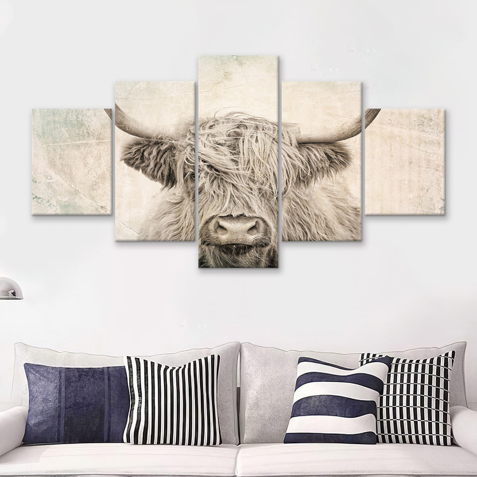 Vintage Highland Cow 5 Piece Multi Panels Canvas Prints Wall Art - Painting Canvas,Wall Decor