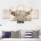 Vintage Highland Cow 5 Piece Multi Panels Canvas Prints Wall Art - Painting Canvas,Wall Decor