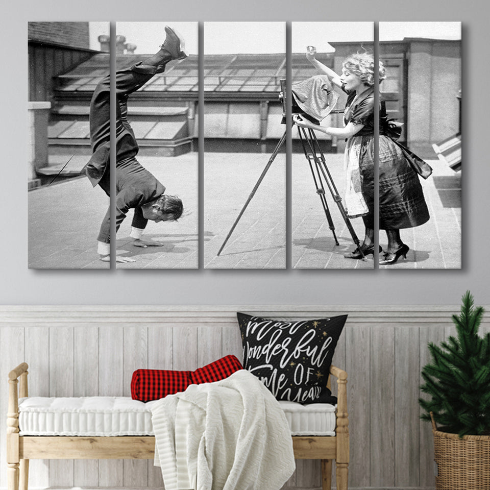 Vintage Hollywood Handstand Black And White Print, 1920'S Wall Art Larger Canvas Art, 5 Piece Canvas Prints Wall Art Decor