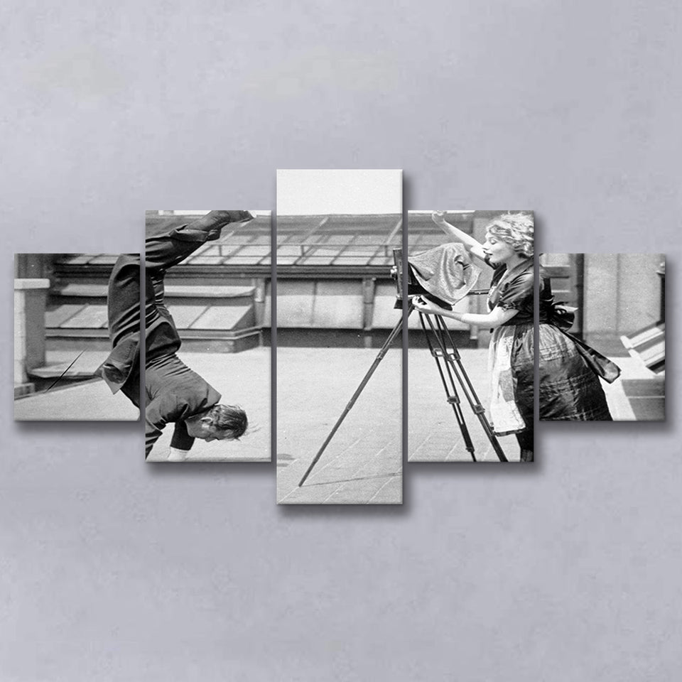 Vintage Hollywood Handstand Black And White Print, 1920'S Wall Art 5 Panels, Canvas Prints Wall Art Decor, Large Canvas Art