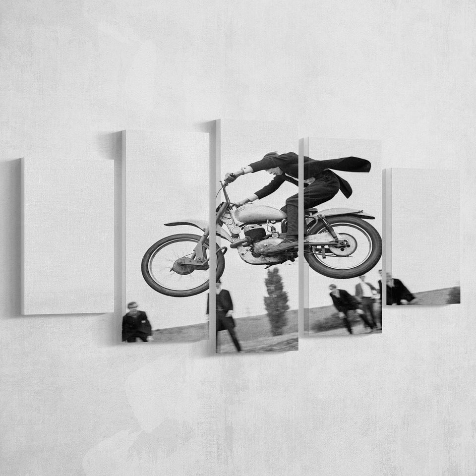 Vintage Motorcycle Jump Black And White Print, British Mod Style 5 Panels, Canvas Prints Wall Art Decor, Large Canvas Art