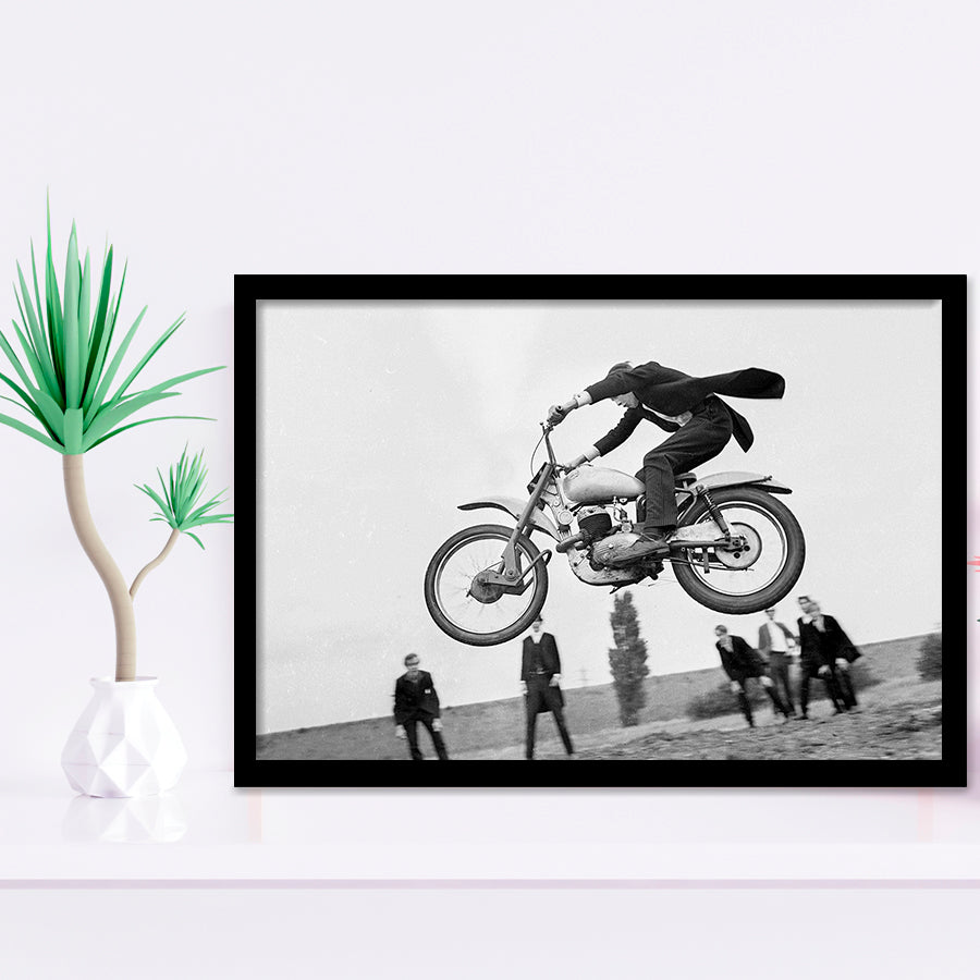 Vintage Motorcycle Jump Black And White Print, British Mod Style Framed Art Prints, Wall Art,Home Decor,Framed Picture