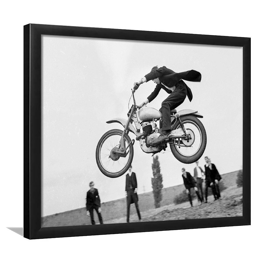Vintage Motorcycle Jump Black And White Print, British Mod Style Framed Art Prints, Wall Art,Home Decor,Framed Picture