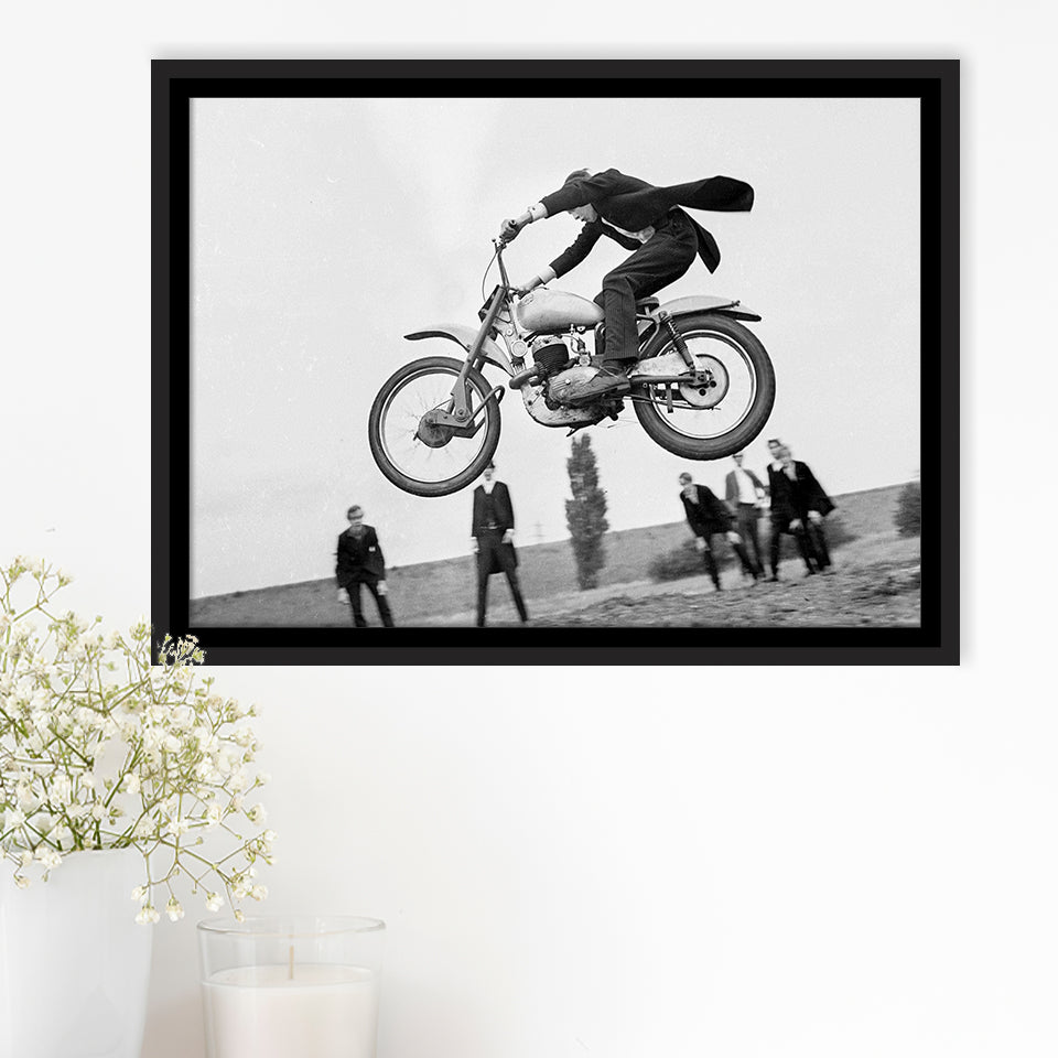Vintage Motorcycle Jump Black And White Print, British Mod Style Framed Canvas Prints Wall Art Home Decor,Floating Frame