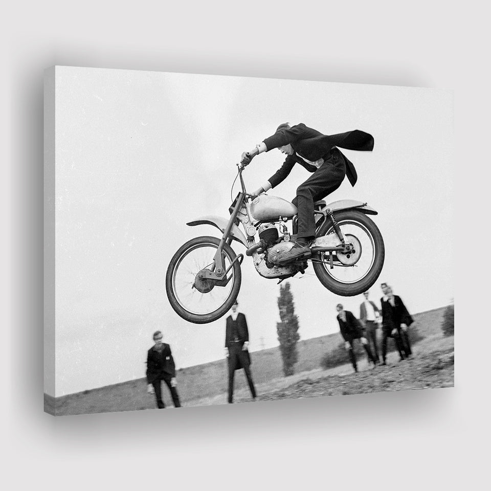 Vintage Motorcycle Jump Black And White Print, British Mod Style Canvas Prints Wall Art Home Decor