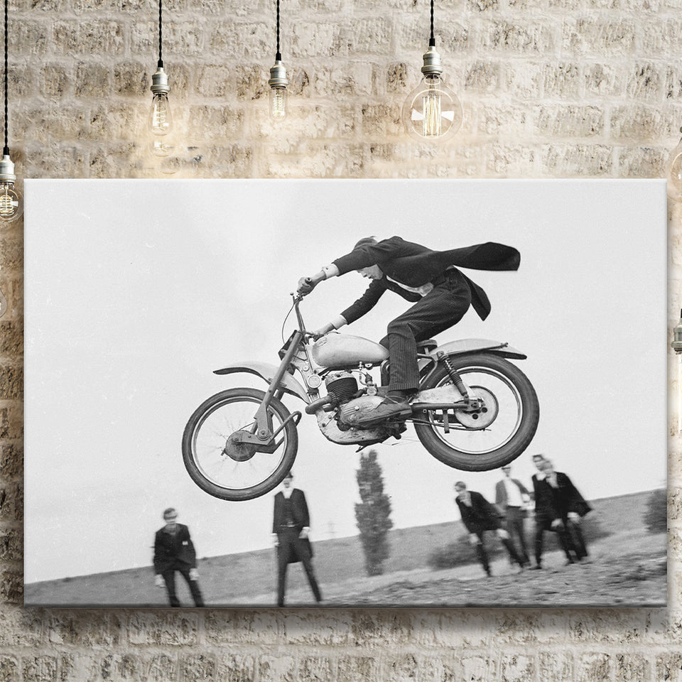 Vintage Motorcycle Jump Black And White Print, British Mod Style Canvas Prints Wall Art Home Decor