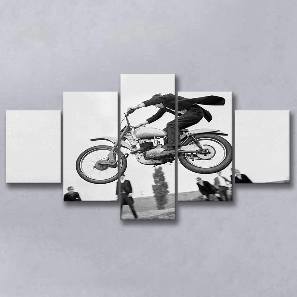 Vintage Motorcycle Jump Black And White Print, British Mod Style 5 Panels, Canvas Prints Wall Art Decor, Large Canvas Art
