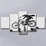 Vintage Motorcycle Jump Black And White Print, British Mod Style 5 Panels, Canvas Prints Wall Art Decor, Large Canvas Art