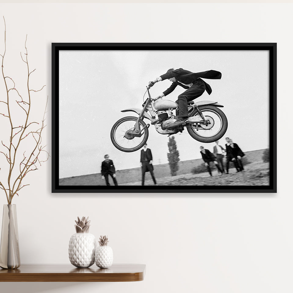 Vintage Motorcycle Jump Black And White Print, British Mod Style Framed Canvas Prints Wall Art Home Decor,Floating Frame