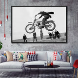 Vintage Motorcycle Jump Black And White Print, British Mod Style Framed Canvas Prints Wall Art Home Decor,Floating Frame