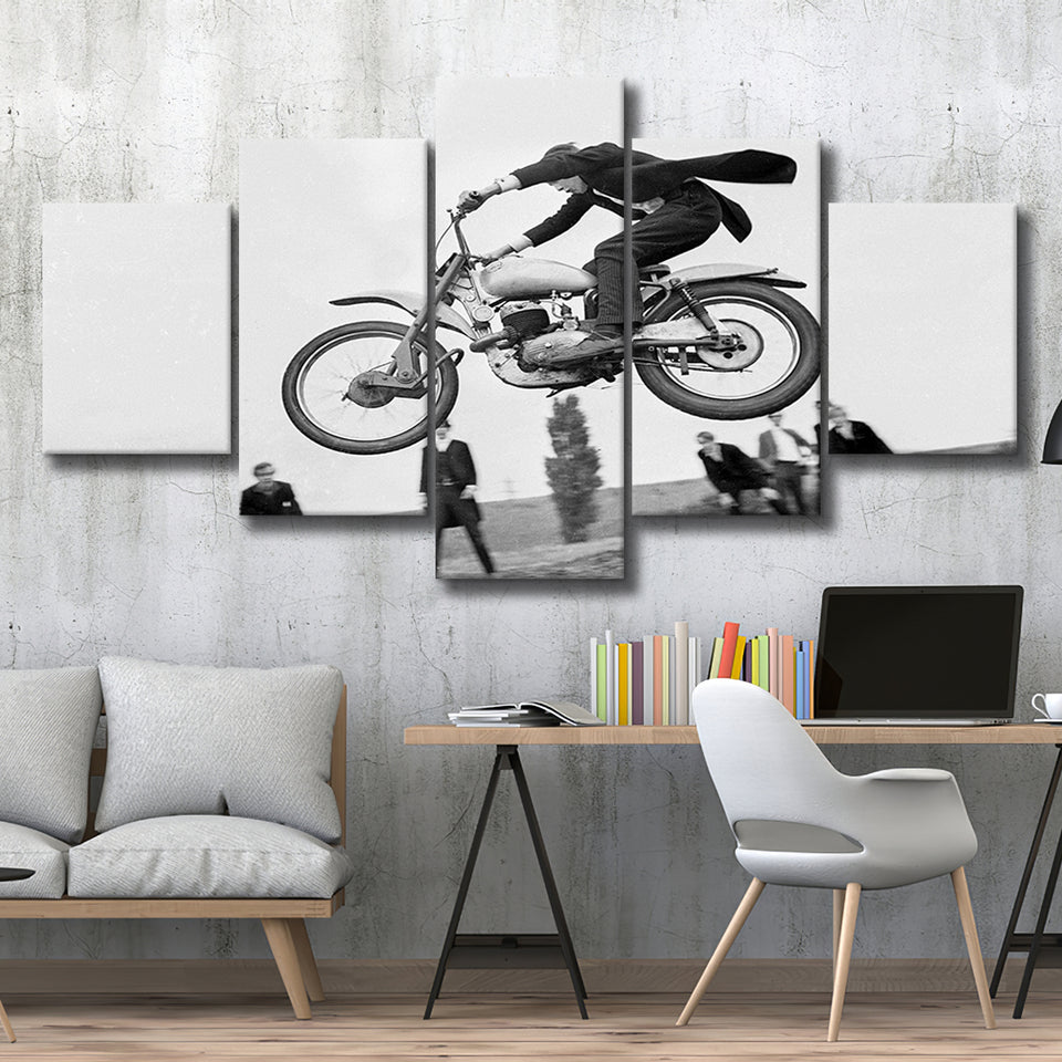 Vintage Motorcycle Jump Black And White Print, British Mod Style 5 Panels, Canvas Prints Wall Art Decor, Large Canvas Art
