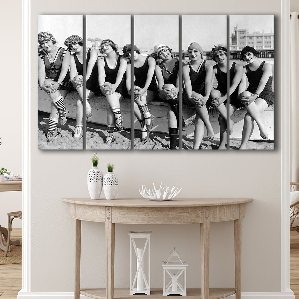 Vintage Swimsuit Girls Black And White Print, Flapper Girls Larger Canvas Art, 5 Piece Canvas Prints Wall Art Decor