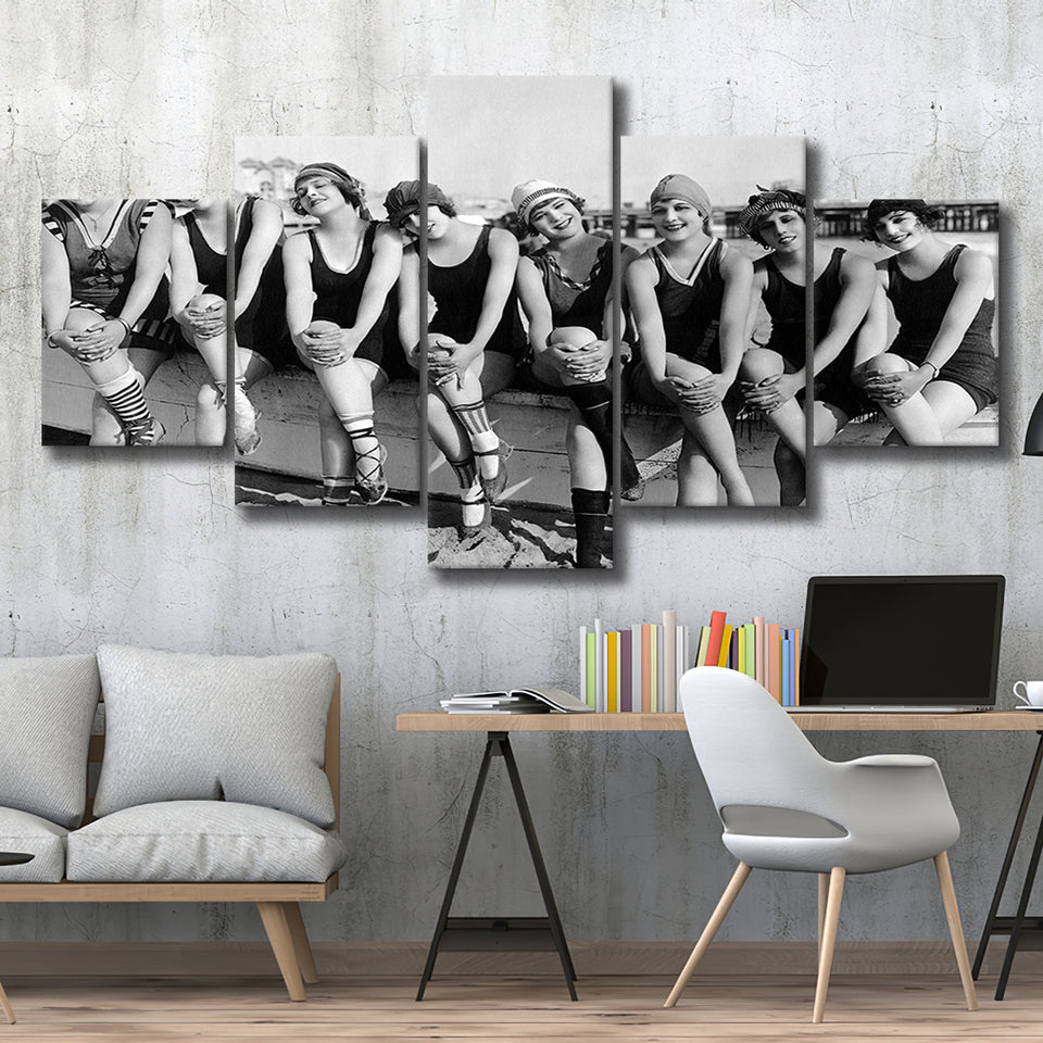 Vintage Swimsuit Girls Black And White Print, Flapper Girls 5 Panels, Canvas Prints Wall Art Decor, Large Canvas Art