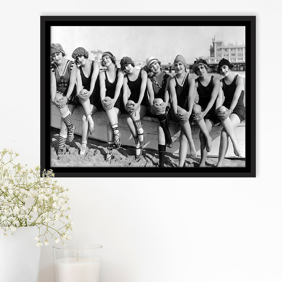 Vintage Swimsuit Girls Black And White Print, Flapper Girls Framed Canvas Prints Wall Art Home Decor,Floating Frame