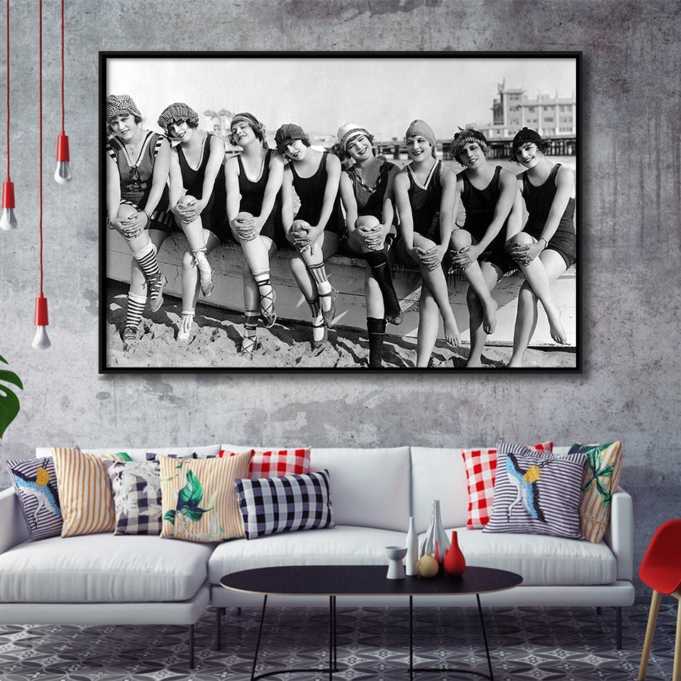Vintage Swimsuit Girls Black And White Print, Flapper Girls Framed Canvas Prints Wall Art Home Decor,Floating Frame