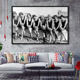 Vintage Swimsuit Girls Black And White Print, Flapper Girls Framed Canvas Prints Wall Art Home Decor,Floating Frame