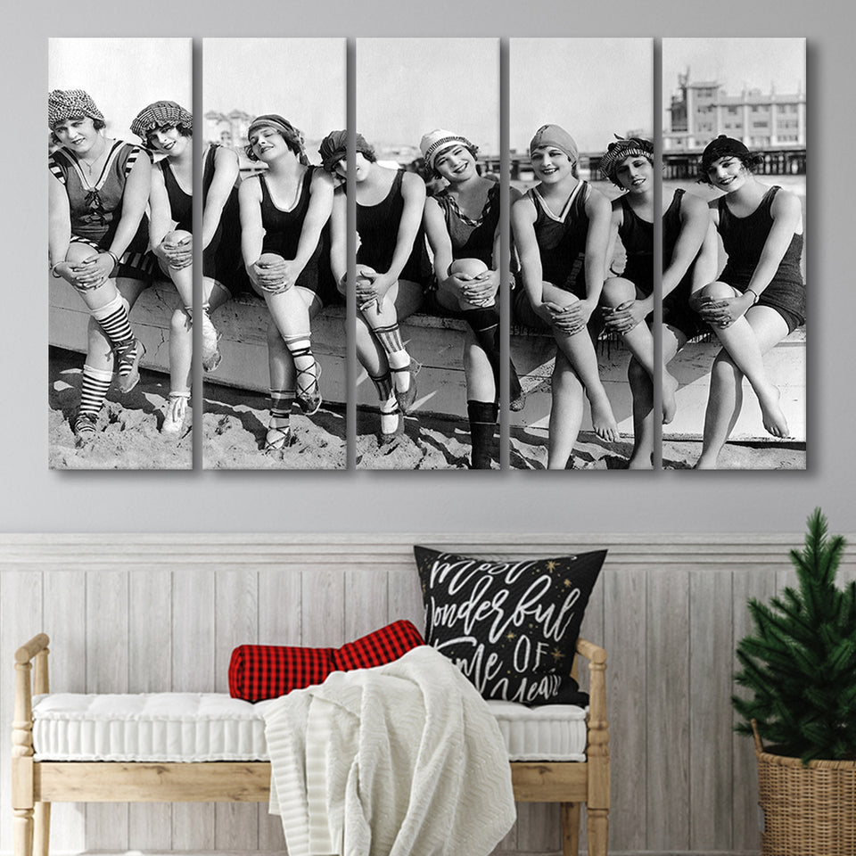 Vintage Swimsuit Girls Black And White Print, Flapper Girls Larger Canvas Art, 5 Piece Canvas Prints Wall Art Decor