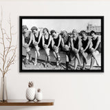 Vintage Swimsuit Girls Black And White Print, Flapper Girls Framed Canvas Prints Wall Art Home Decor,Floating Frame