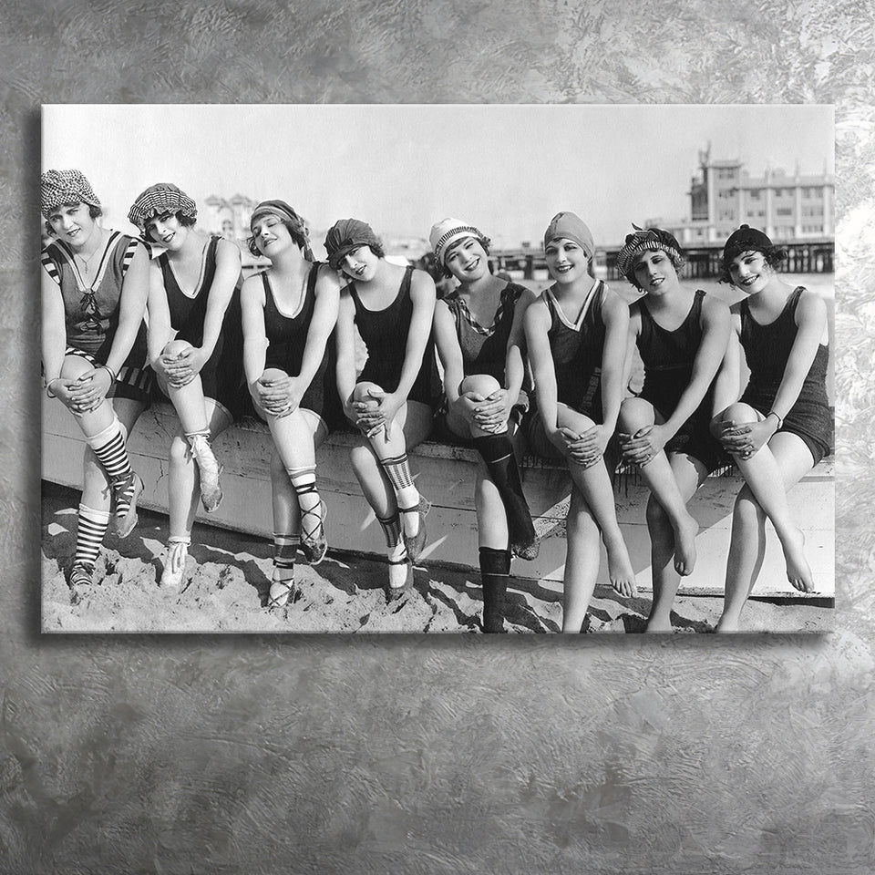 Vintage Swimsuit Girls Black And White Print, Flapper Girls Canvas Prints Wall Art Home Decor