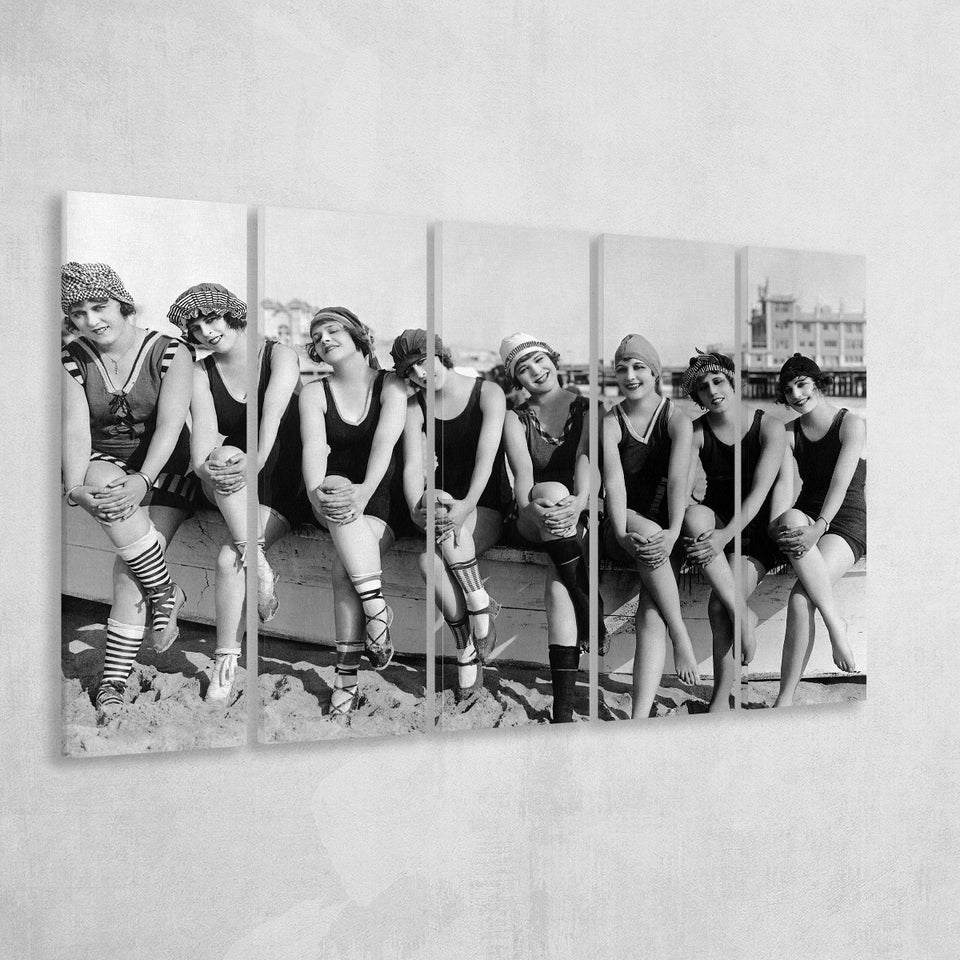 Vintage Swimsuit Girls Black And White Print, Flapper Girls Larger Canvas Art, 5 Piece Canvas Prints Wall Art Decor