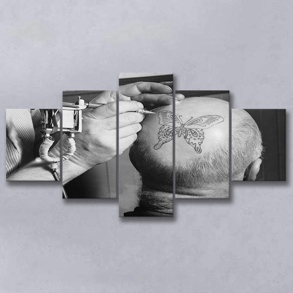 Vintage Tattoo Black And White Print, Butterfly Tattoo On Bald Man 5 Panels, Canvas Prints Wall Art Decor, Large Canvas Art