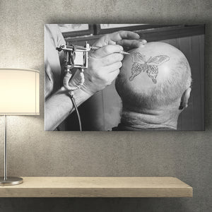 Vintage Tattoo Black And White Print, Butterfly Tattoo On Bald Man Canvas Prints Wall Art Home Decor