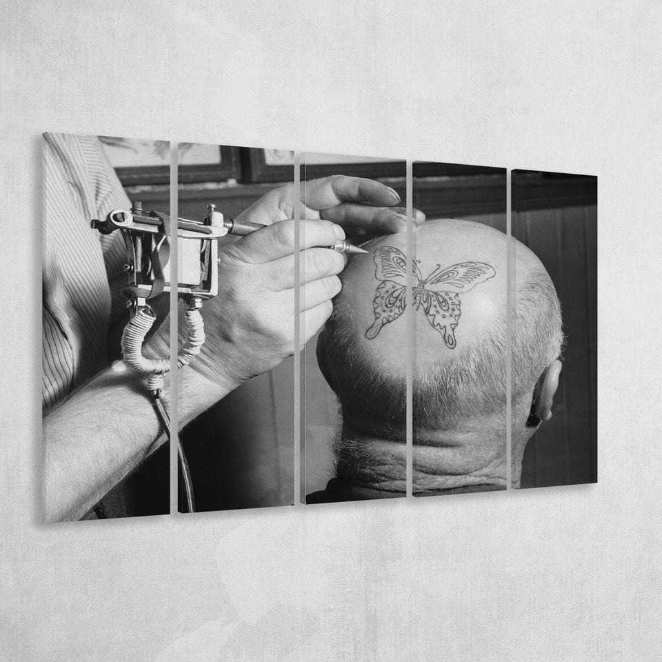 Vintage Tattoo Black And White Print, Butterfly Tattoo On Bald Man Larger Canvas Art, 5 Piece Canvas Prints Wall Art Decor