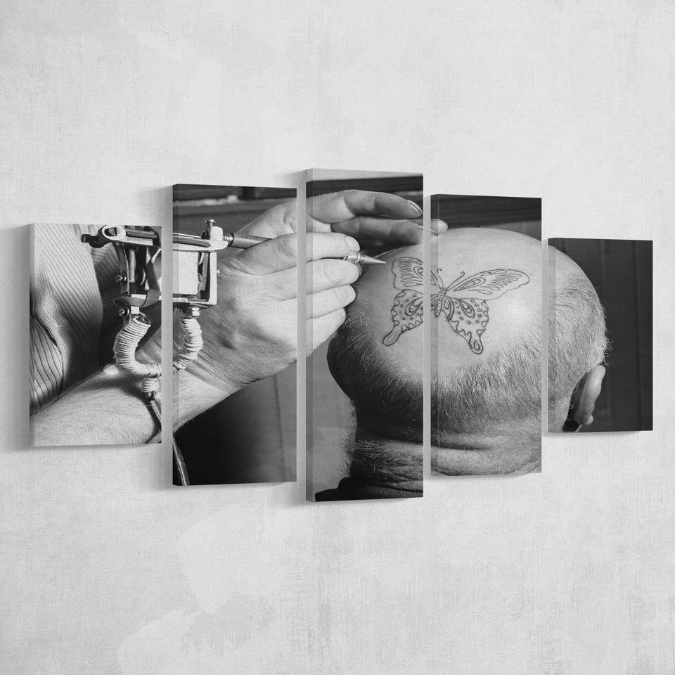 Vintage Tattoo Black And White Print, Butterfly Tattoo On Bald Man 5 Panels, Canvas Prints Wall Art Decor, Large Canvas Art