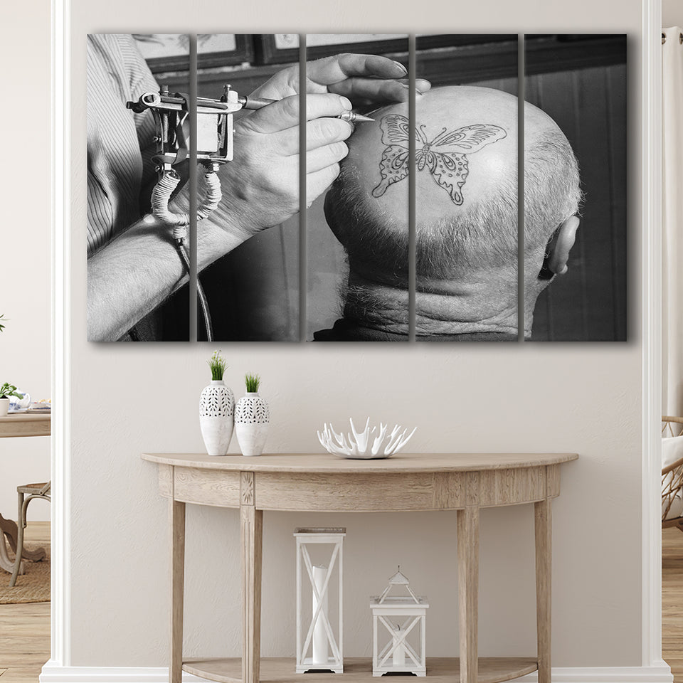 Vintage Tattoo Black And White Print, Butterfly Tattoo On Bald Man Larger Canvas Art, 5 Piece Canvas Prints Wall Art Decor