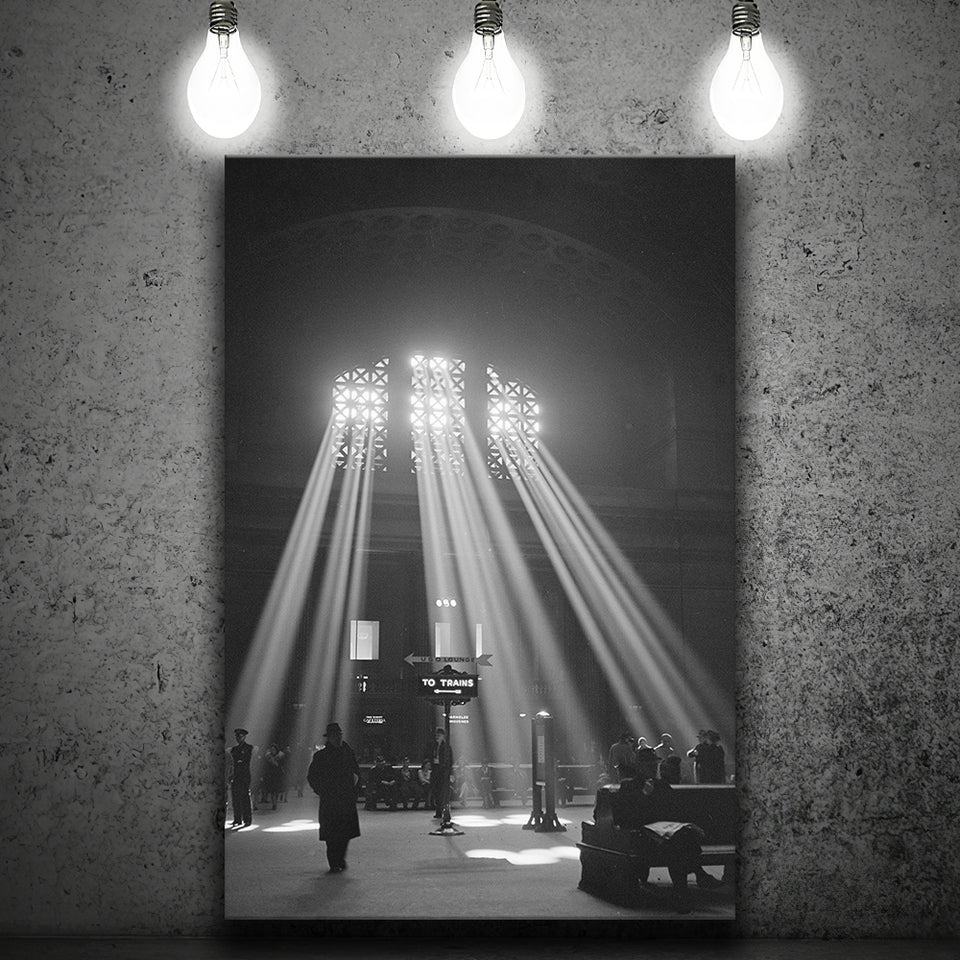 Vintage Train Station Black And White Print, Chicago Illinois Union Train Station Canvas Prints Wall Art Home Decor
